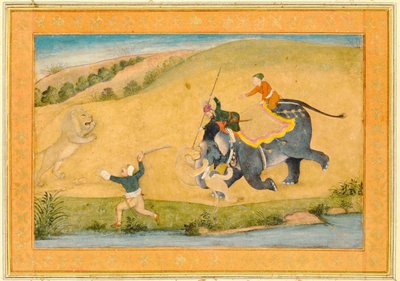 Three men lion hunting, from the Large Clive Album by Mughal School